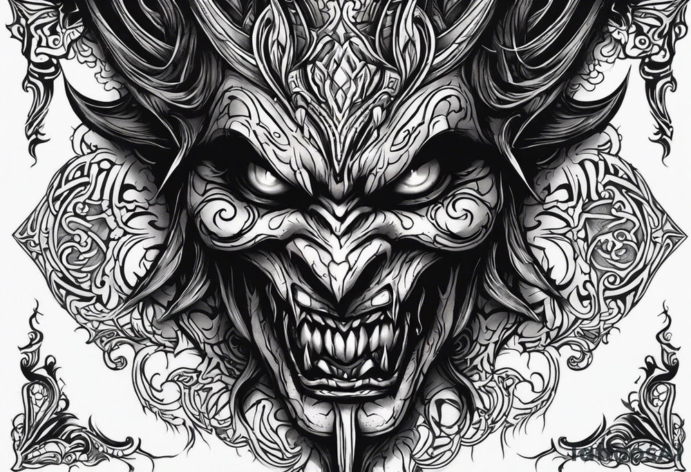 Create a dark tattoo design. The tattoo appears to be a detailed, realistic illustration of a sinister, demonic face. The face has intense features, including large, menacing eyes, a sharp, pointed nose, and a mouth filled with sharp, jagged teeth. He sticks out his long tongue. The design incorporates deep shadows and highlights, giving it a three-dimensional, almost lifelike appearance. Overall, the tattoo creates a haunting and powerful visual effect. tattoo idea