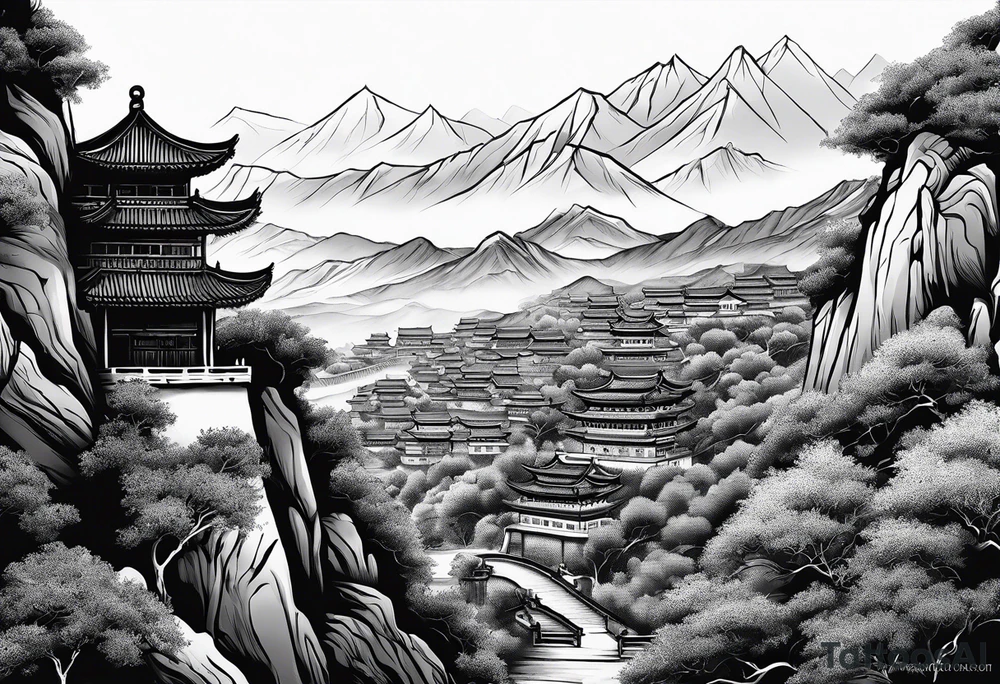 Chinese wall, realistic, art, hills, sideview tattoo idea