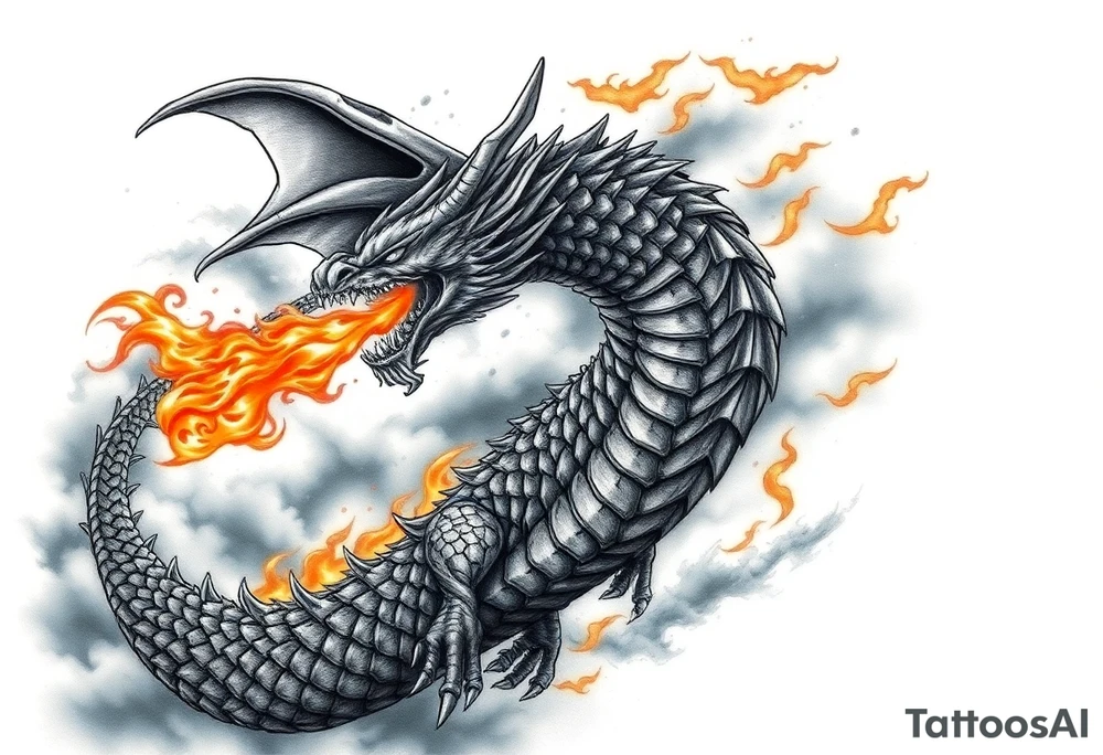 fierce dragon breathing iridescent fire against stormy skies tattoo idea