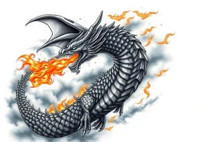 fierce dragon breathing iridescent fire against stormy skies tattoo idea