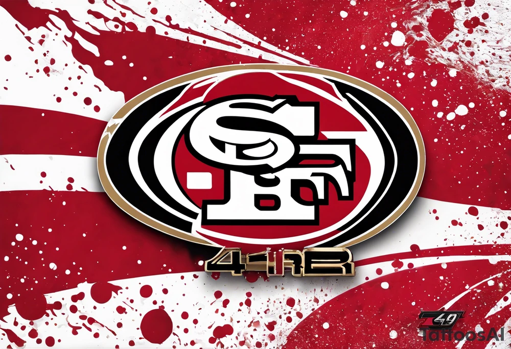 san Francisco 49er logo with team color specks of paint splatter tattoo idea