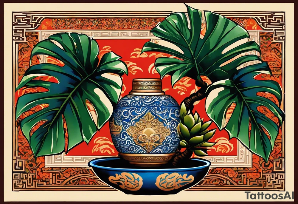 Ein blaues Tattoo über den ganzen Rücken aus orientalischen Fliesen, einem Bonsai, einem Monstera Ableger, Zitronen und Maori Stilelemente. Vertikal über der Wirbelsäule solte Perspektive mit teilweise verdrehten Buchstaben stehen. Abschließend an der hüfte entlang einen runden po zaubern. tattoo idea