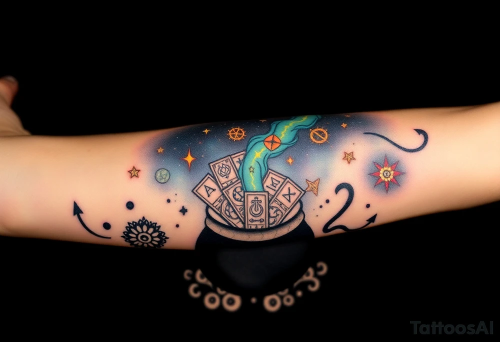 Milky way galaxy filled with zodiac symbols runes tarot cards coming out of a cauldron tattoo idea