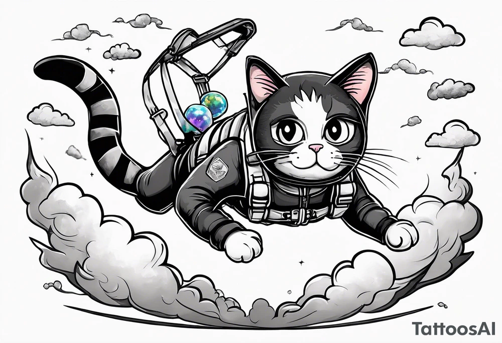 cat going skydiving with parachute in the rick and morty style tattoo idea