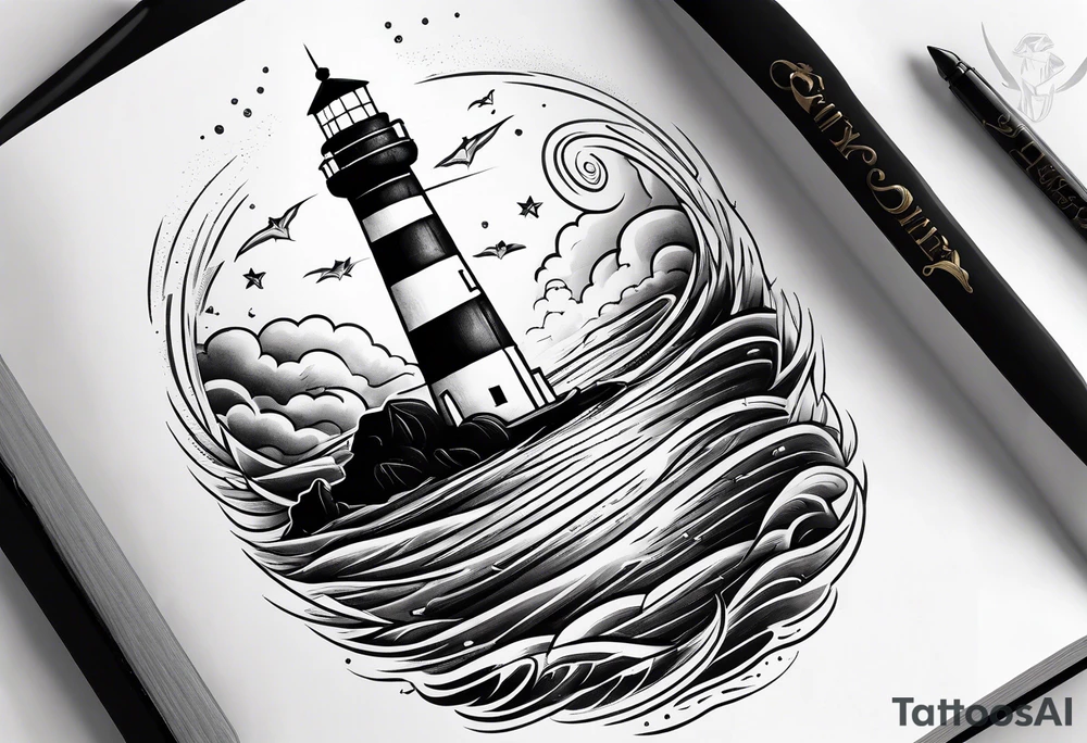 lighthouse shining light onto open book tattoo idea
