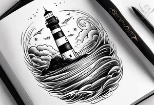 lighthouse shining light onto open book tattoo idea
