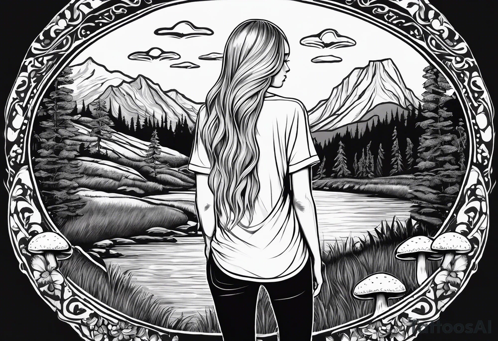 Straight long blonde hair hippie girl in distance holding mushrooms in hand facing away toward mountains and creek surrounded by mushrooms tee shirt and hiking pants; whole rendering within a full circle, no cut off circle tattoo idea
