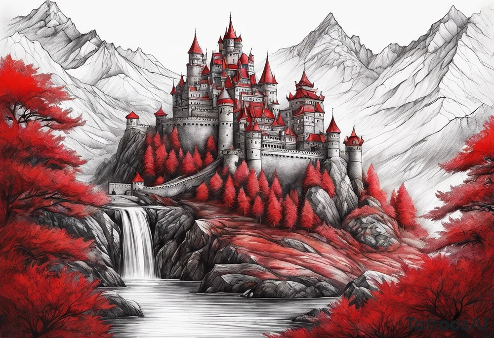 red mountains which there are two fantasies castles. tattoo idea