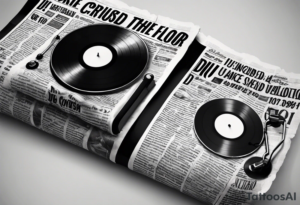 Ripped newspaper with headline saying dj crushed the dance floor. Fake newspaper Article about dj tattoo idea