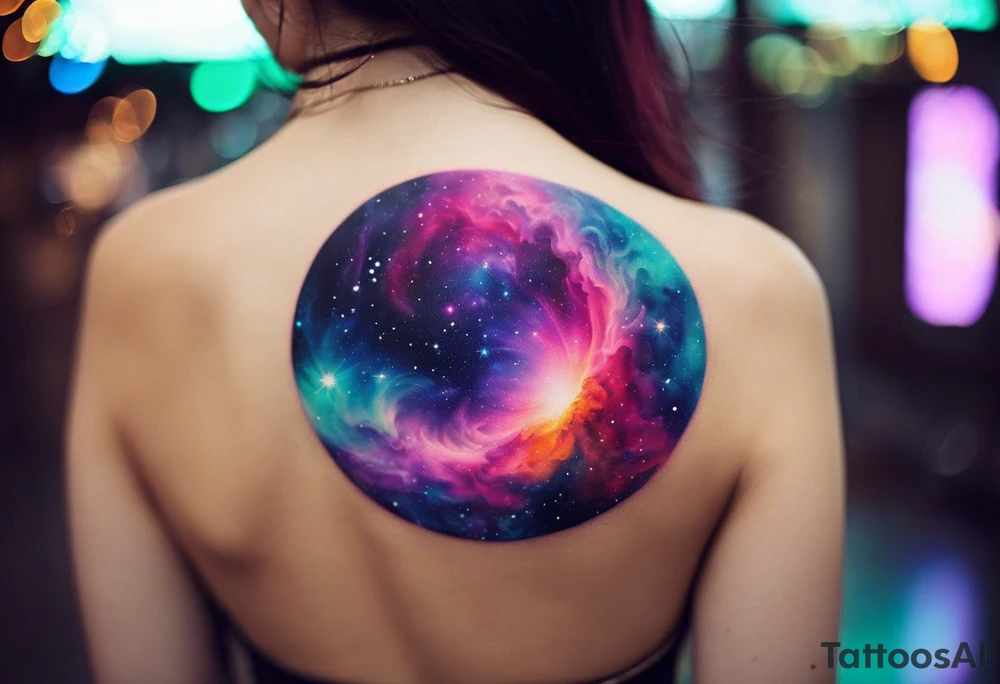 I want a nebula space galaxy s kinda shape 
tattoo that's colorful and bright and cute and is nice to look at I don't want a traditional circle I want it like the ones thay look like an s shape and this tattoo will be on my left buttcheek and light colors I want more spread and less circle tattoo idea