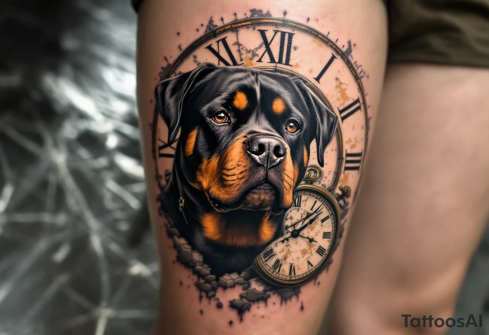 Rottweiler and Clock Tattoo – A wise-looking Rottweiler with a broken Roman numeral clock behind it. Muted browns, gold, and grayscale to create a timeless vibe. tattoo idea