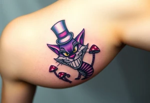 colourful Cheshire Cat from Alice in Wonderland, with a top hat on its head and mushrooms tattoo idea