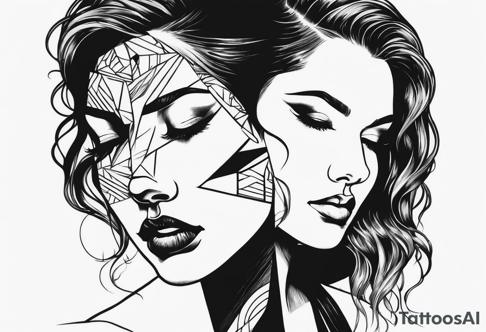 Woman’s face splitting into another with wolf cut hair tattoo idea Woman’s face splitting into another with wolf cut hair tattoo idea