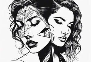 Woman’s face splitting into another with wolf cut hair tattoo idea