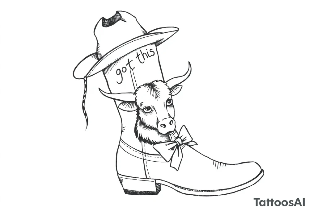 A cowboy boot with a cowboy hat on top the words you got this stitched into the hat and stitched into the boot an orange, a highland cow and a bow tattoo idea