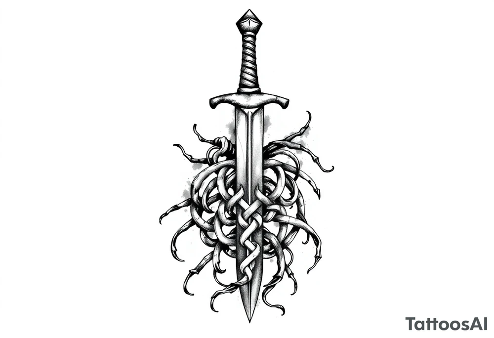 Armband tattoo of a single sword with covered in a Celtic knot roots tattoo idea