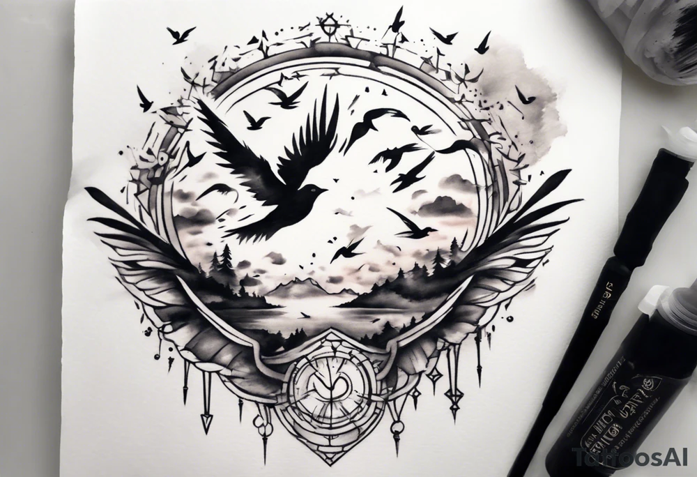 a shoulder tattoo with lots of rays of light in gradient starting from the middle
, clouds and birds flying free tattoo idea