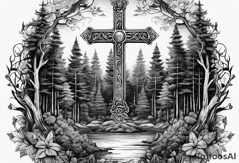A cross at the end of the forest tattoo idea