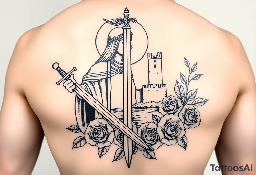 Saint Barbara carrying a sword detailed with a castle tower in the background, the sea, and roses tattoo idea