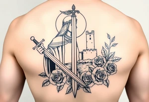 Saint Barbara carrying a sword detailed with a castle tower in the background, the sea, and roses tattoo idea