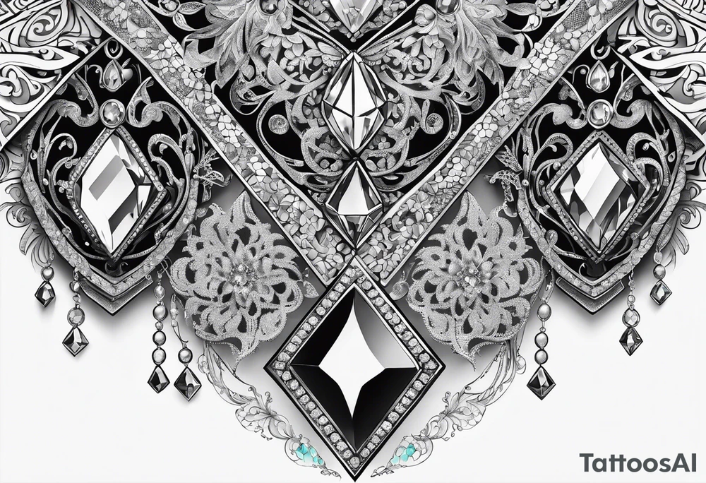 Chunky diamond necklace with lace and gemstones tattoo idea
