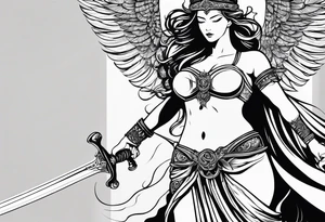 Nemesis, the goddess of justice, standing with sword and scale tattoo idea