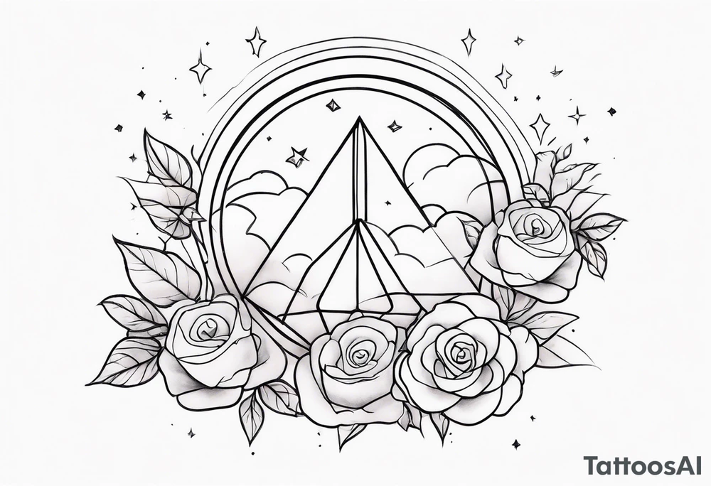Clouds with tesseract inside and small roses and stars around it going vertically tattoo idea
