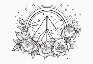 Clouds with tesseract inside and small roses and stars around it going vertically tattoo idea