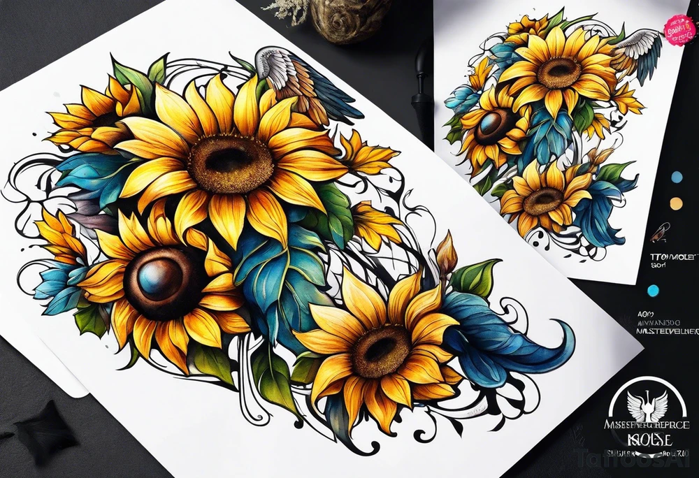 Sunflowers and angel wings leg sleeve tattoo idea