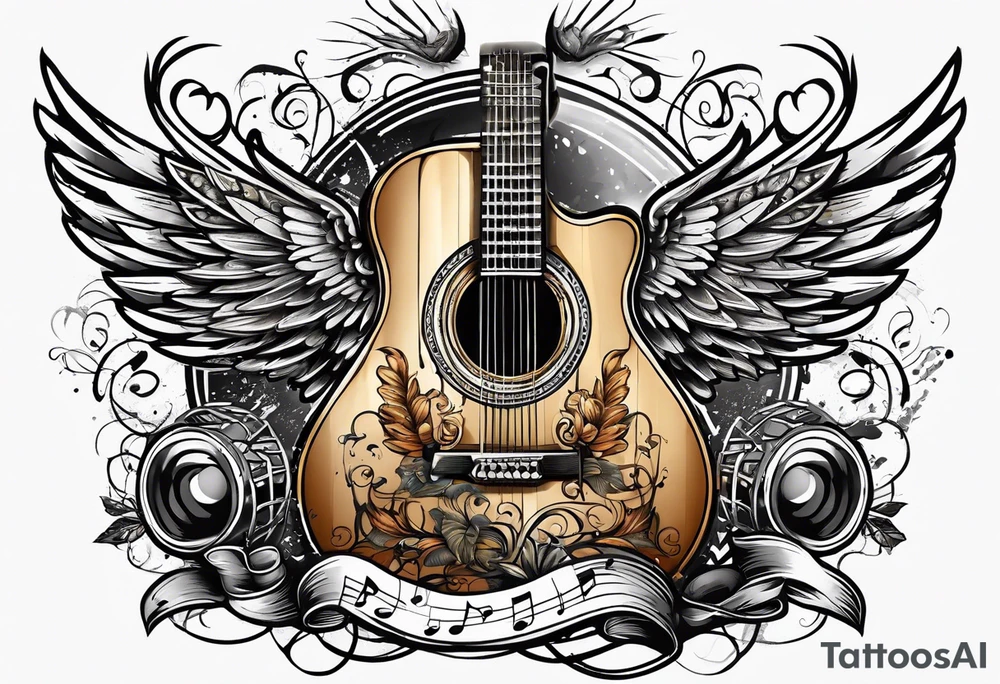 Microphone and musical notes and guitar and wings and country singer tattoo idea