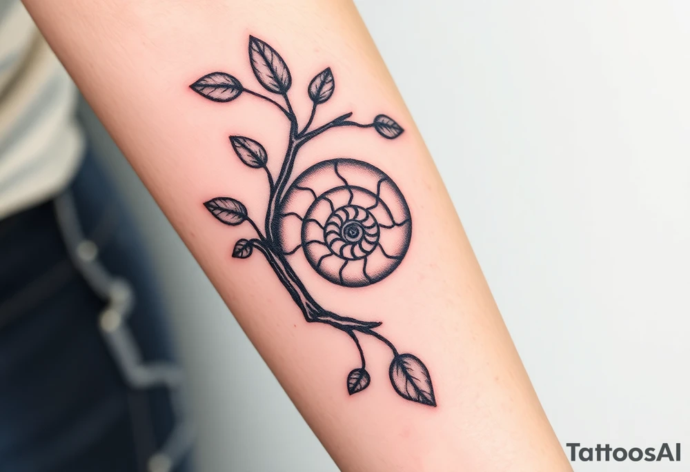 Fibonacci spiral shell inside of tree with leaves tattoo idea