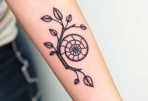 Fibonacci spiral shell inside of tree with leaves tattoo idea