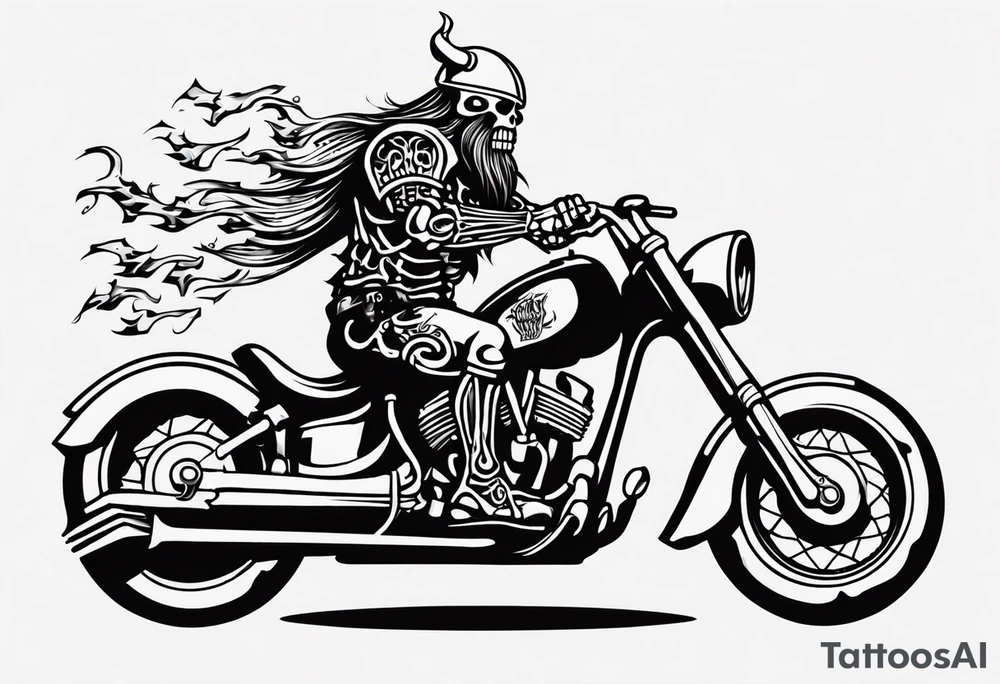 i want a tattoo of a big viking skeleton riding a motorcycle with flames and I want the words “Viking Customs” in the design tattoo idea