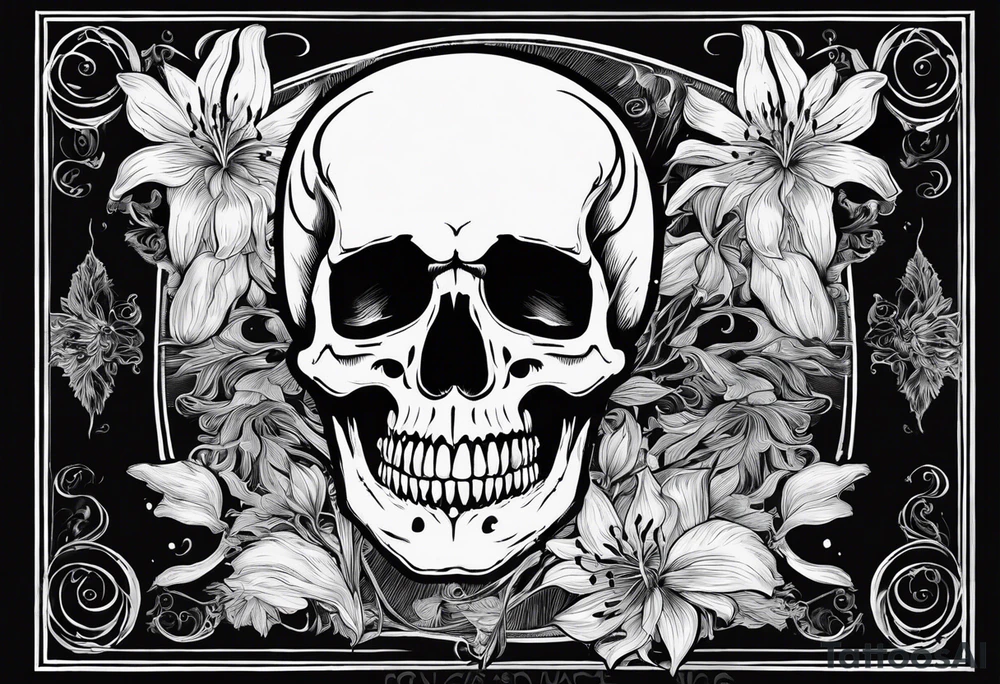 Tarot card with Vincent Van Gogh's painting Skull with a Burning Cigarette. The boarders of the tarot card should be simple with spider lilies in each corrner which go beyond the boarder. The smoke fromthe cigarette should also go beyond the boarder tattoo idea