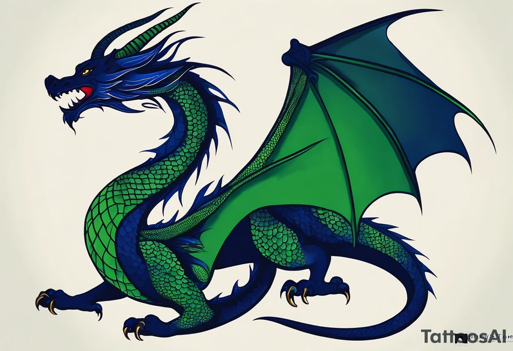 Minimalist Tattoo: An epic with no wings, floating. Its long body coiling dynamically, with scales and horns detailed to create a sense of movement and strength. The dragon's main color is midnight blue but features little accents in green, blue, and gold, giving a vibrant depth and a mystical aura. This tattoo highlights the dragon’s fierce expression and sharp claws as it wraps protectively around the leg. Style: Minimalist tattoo idea
