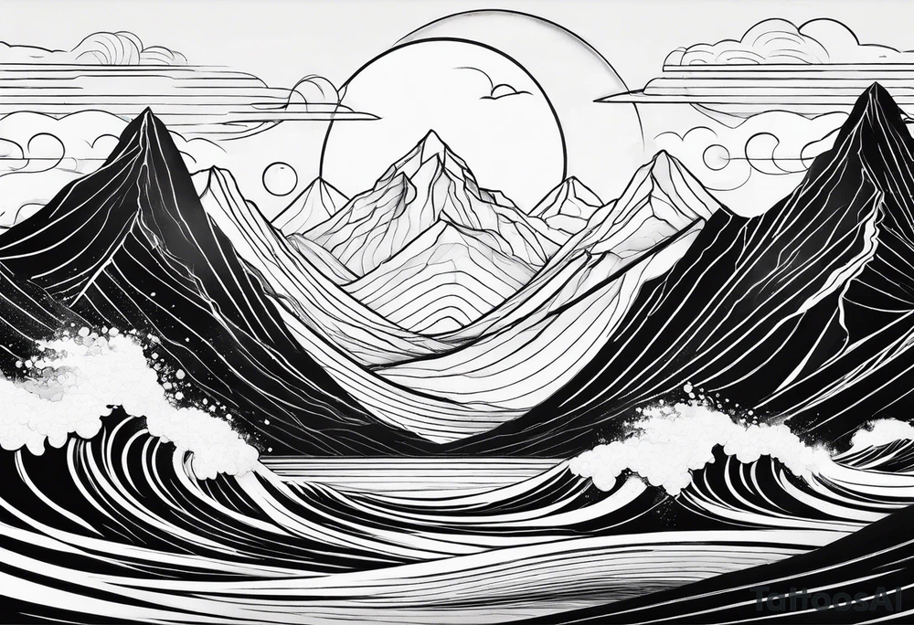 line art mountain vs space with waves in horizontal view tattoo idea line art mountain vs space with waves in horizontal view tattoo idea