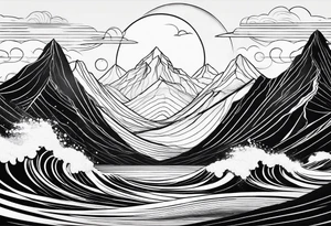 line art mountain vs space with waves in horizontal view tattoo idea