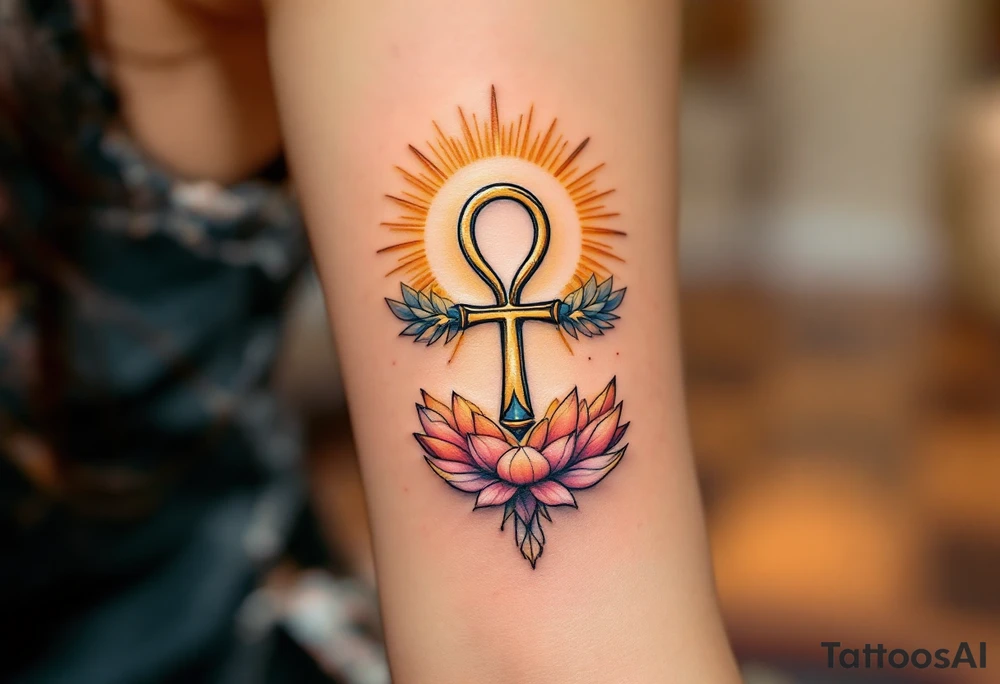 A sun-kissed Ankh held in the hands of an Egyptian goddess, surrounded by delicate lotus petals and radiant golden light. tattoo idea