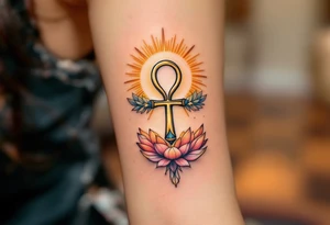 A sun-kissed Ankh held in the hands of an Egyptian goddess, surrounded by delicate lotus petals and radiant golden light. tattoo idea