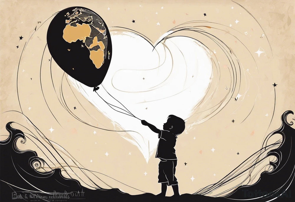 little boy holding a string to the earth shaped baloon.
boy should be drawed from behinfd anhas one hand reaching up in 45 degree angle and holding the baloon string
the string has a big wave in like a hearbeat pulse on it.
baloon is in the shape of the hearth tattoo idea