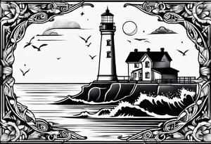 Traditional tattoo flash, stencil, lighthouse tattoo idea