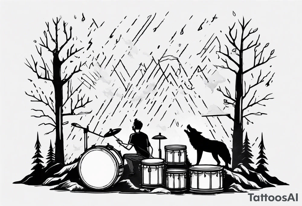 thunderstorm over a forest with a wolf howling on drums tattoo idea thunderstorm over a forest with a wolf howling on drums tattoo idea