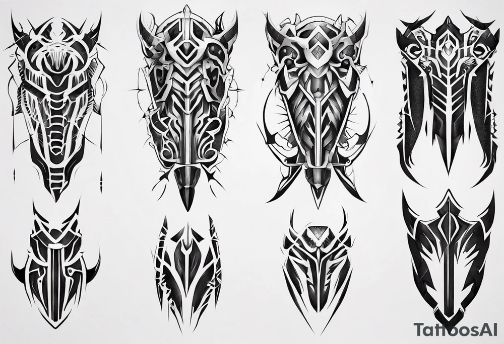 Leg armor mechanical symmetrical tattoo idea