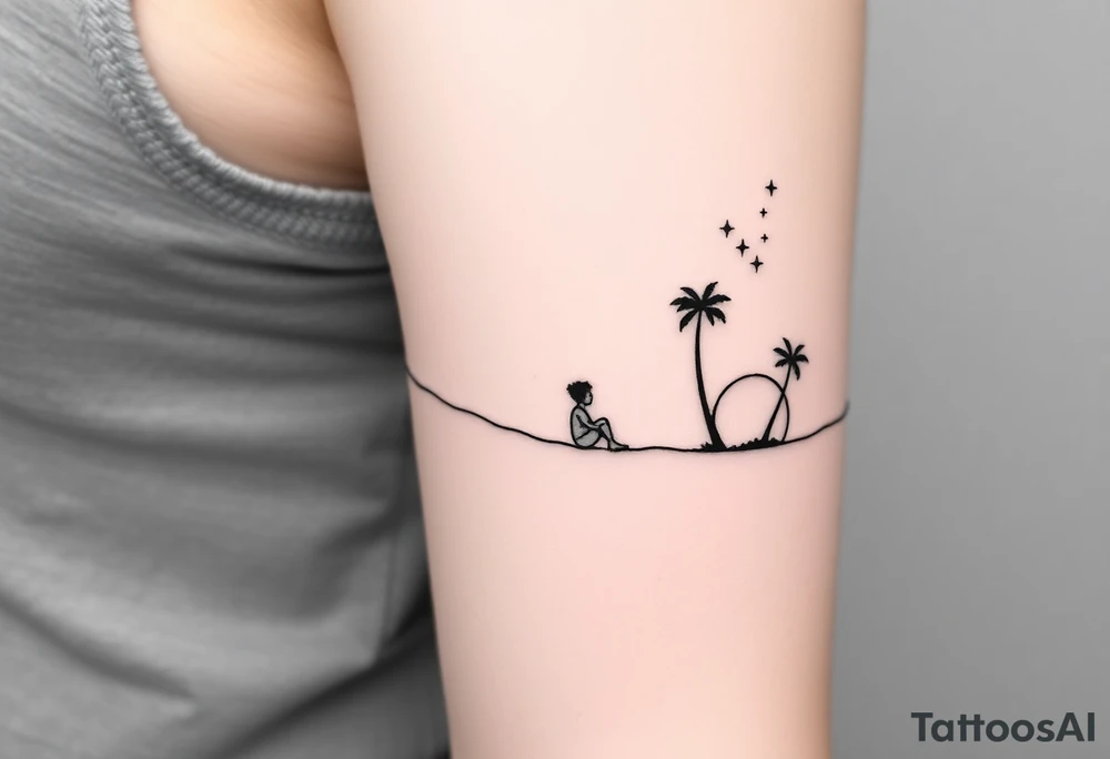 Create a minimalist tattoo design that wraps around the upper right arm, just below the armpit and above an existing blackwork sleeve.

Design Flow:

The tattoo is connected by a thin, continuous line that wraps around the arm.

On the outer/front arm, place a small, minimal walking figure on the line, moving forward. The line should have a gentle wave under his steps to create movement.

The line continues to the inner arm, where a boy is sitting on the line (with his back to the viewer, legs dangling below the line).

To the right of the boy, place a slightly leaning palm tree growing from the line.

Behind or beside the tree, include a minimal sun, low on the horizon (simple circle or half-sun).

In the space above, softly scatter minimalist stars, mostly dots, with 2–3 sparkles or tiny diamond shapes.

Style Notes:

Keep everything in fine line / minimalist style, no heavy shading

Design should feel light, dreamy, and reflective — symbolizing balance between stillness and motion

Line should echo the flow of the existing tribal/blackwork arm band below, but not mimic or clash with it

The boy should sit directly under the palm and with the back to the viewer and the feet hanging from the line. can you make the boy closer to the palm and with the back to the viewer? tattoo idea