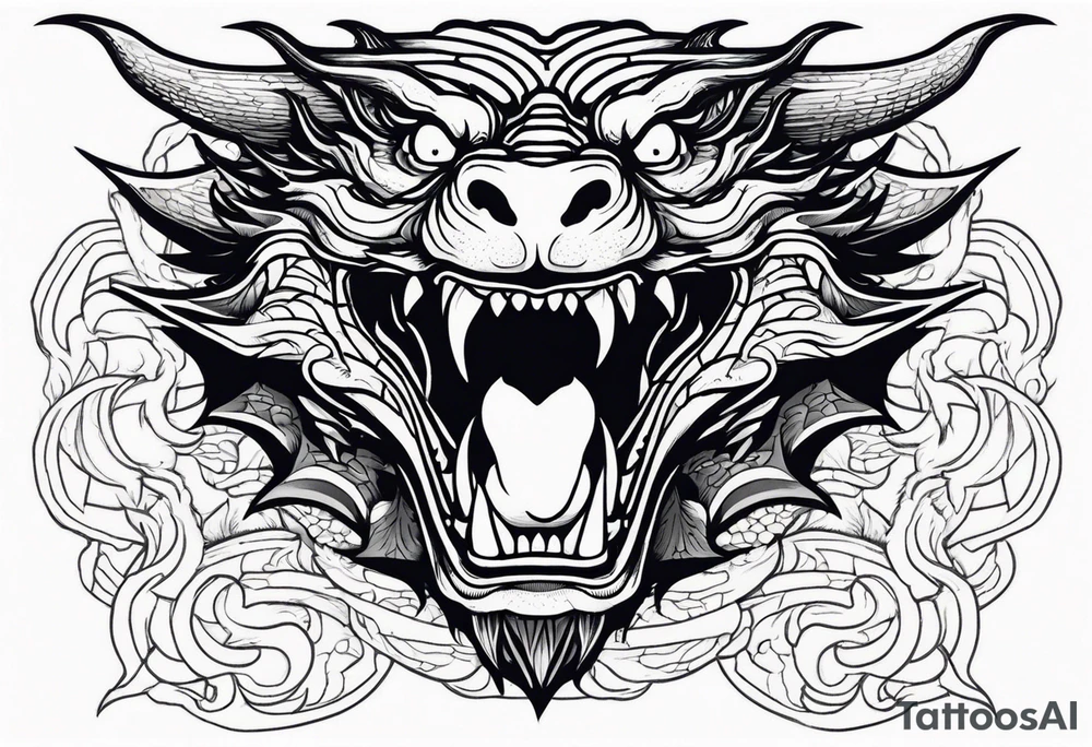 Dragon head facing front, tattoo should look old school Japanese way, dragon mouth should be close. tattoo idea