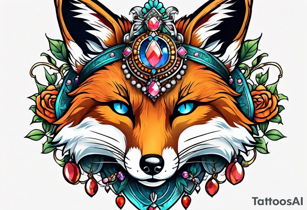 Neo traditional fox wearing jewelry tattoo idea
