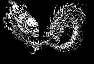 Japanese style warrior mask biting the tail of a dragon and on the other side has a japanese warrior/ samurai tattoo idea