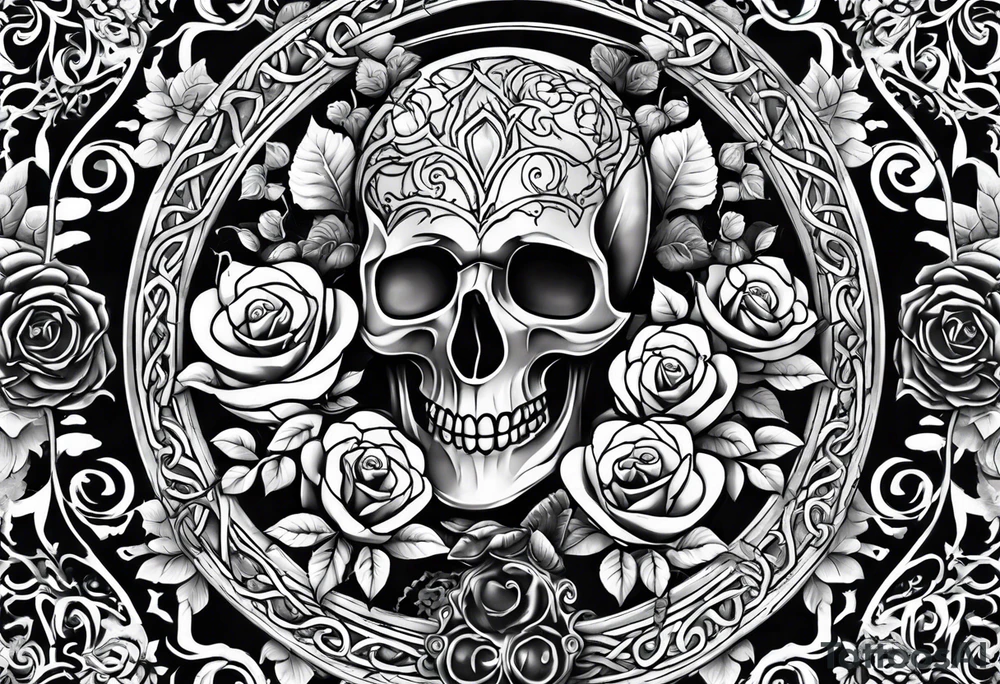 tattoo fool sleeve, old broken gothic home, broken sword, tree roots break out of the chains, roses tattoo idea