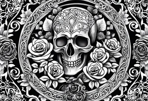 tattoo fool sleeve, old broken gothic home, broken sword, tree roots break out of the chains, roses tattoo idea