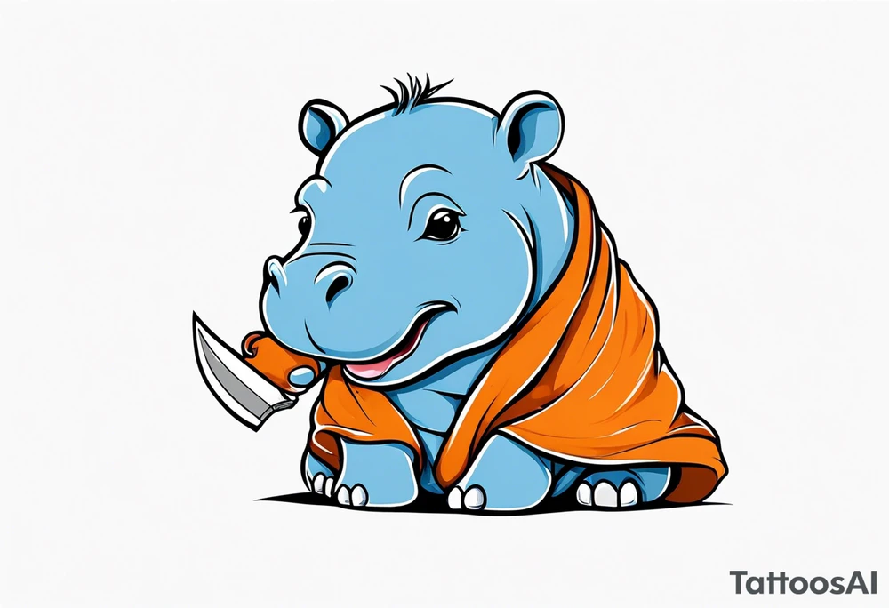 Baby hippopotamus wrapped in a swaddle and has a knife sideways in its mouth tattoo idea